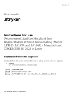 Reprocessed LigaSure Maryland Jaw Sealer/Divider Without Nano-coating (Model LF1923, LF1937, and LF1944) - Manufactured December 15, 2023 or Later