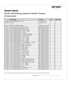 Stryker Hand Plating System Count Sheet